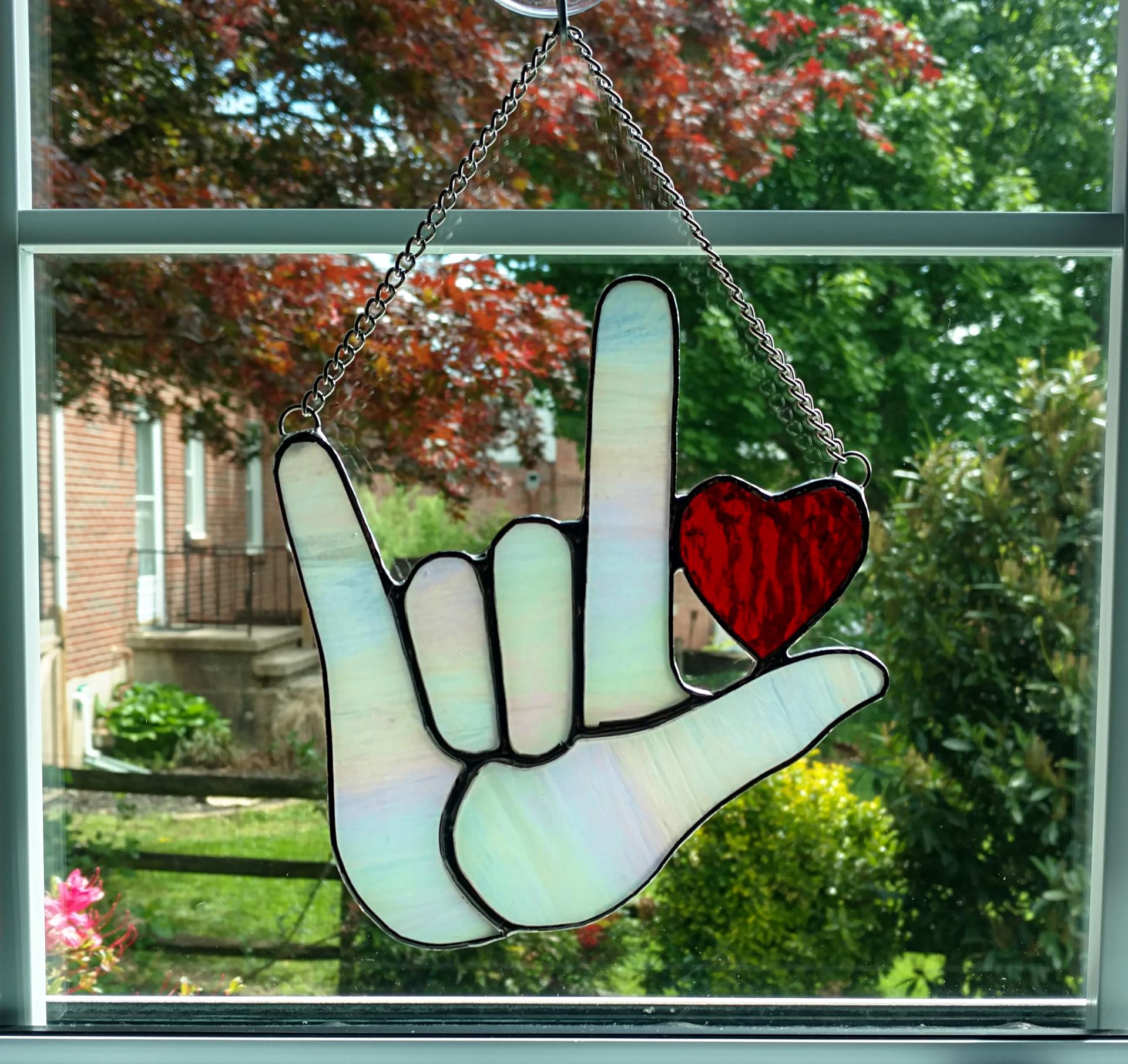 ASL I Love You Stained Glass Suncatcher, Sign Language Love, Custom Colors Available 