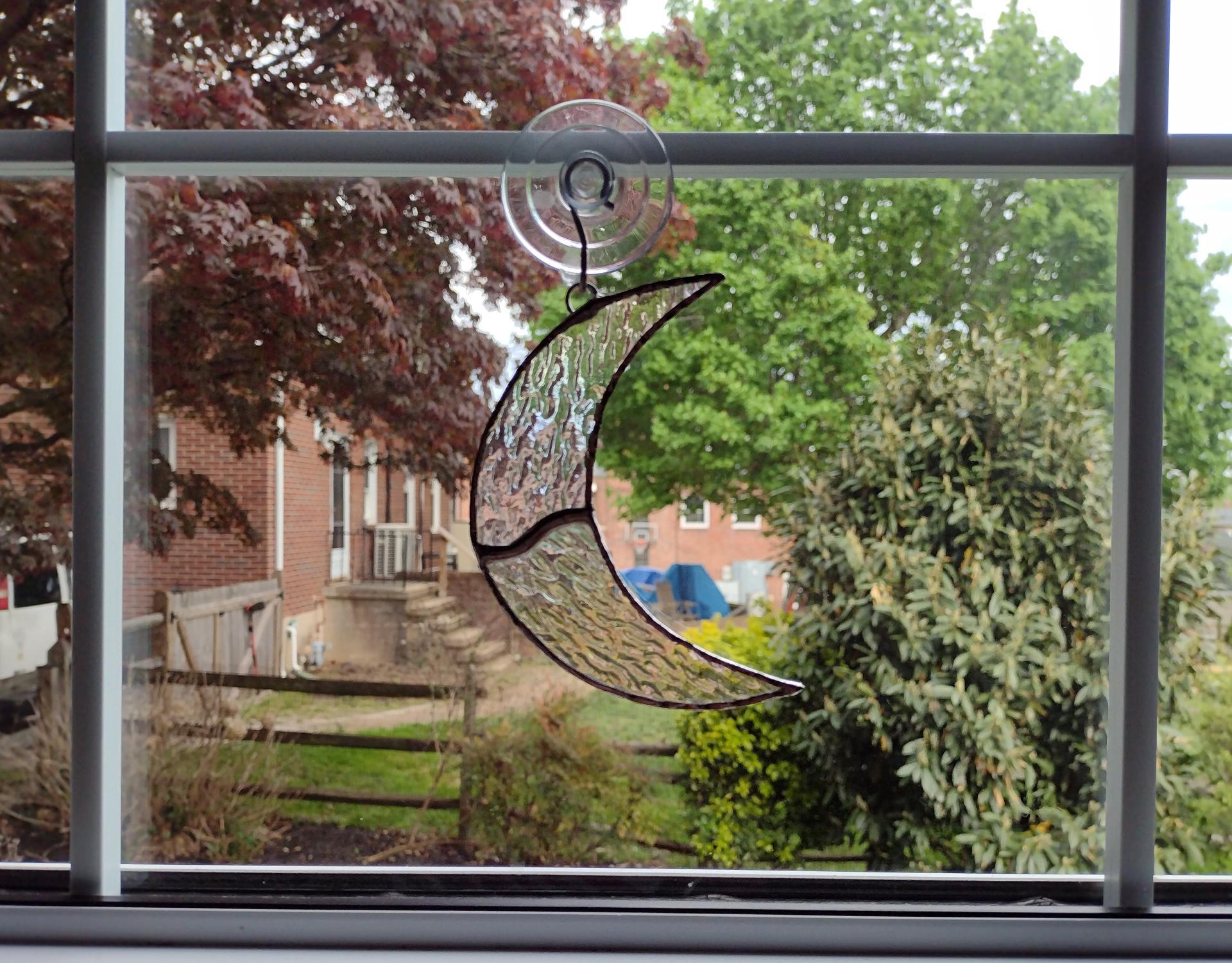 Crescent Moon Stained Glass Suncatcher- Clear Iridescent Cathedral