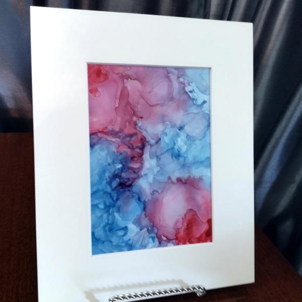 Alcohol Ink Painting, 5 x 7 Matted to 8 x 10, Blue and Rose Pink Abstract Art
