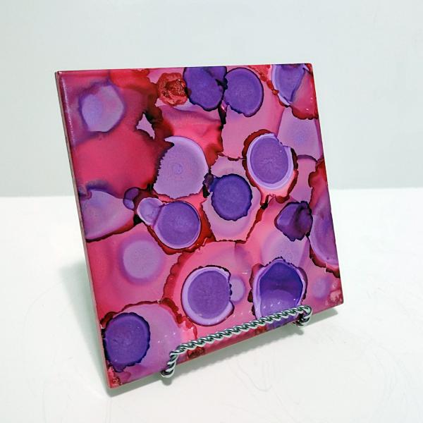Alcohol Ink Ceramic Tile Trivet, 6" x 6", Pink and Purple Polka Dots