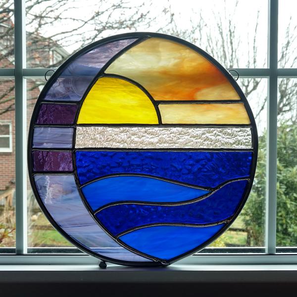 Moon and Sun Over Water Round Stained Glass Panel, Ocean Sunset