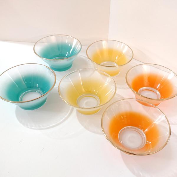 Vintage Blendo Glass Salad Bowls, Set of Six, Aqua Blue, Orange, and Yellow Frosted