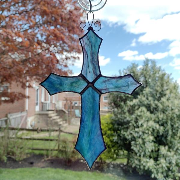 Stained Glass Cross Suncatcher, Blue Green Pink Youghiogheny Glass