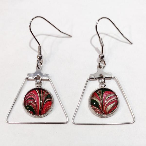 Painted Earrings, Red, Green, and Silver Trapezoid, Holiday Earrings