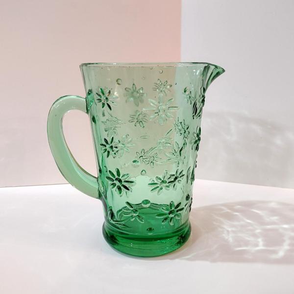Vintage Green Daisy Pitcher, MCM Green Pressed Glass Pitcher with Raised Floral Design