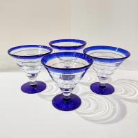 Vintage Hand Blown Margarita / Martini Glasses, Set of Four, Blue and Clear Swirled Glasses