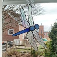 Stained Glass Dragonfly Suncatcher, Iridescent Clear and Blue