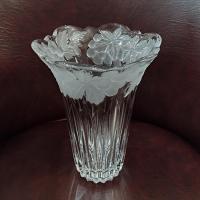 Vintage Crystal 8 Inch Vase With Grapevine Floral Frosted Design