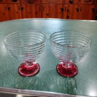 Vintage Pink Swirl Glass Footed Dessert Coupes, Set of Two, Swirled Glass Compotes, Sherbet Bowls