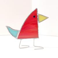 Stained Glass Standing Bird, Funky Red and Aqua Blue Glass Bird Suncatcher, Bird Lover Gift, Windowsill Sitter
