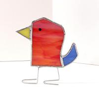 Stained Glass Standing Bird, Funky Red and Blue Glass Bird Suncatcher, Bird Lover Gift, Windowsill Sitter