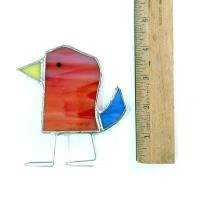 Stained Glass Standing Bird, Funky Red and Blue Glass Bird Suncatcher, Bird Lover Gift, Windowsill Sitter