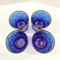 Vintage Arcoroc Avon Royal Sapphire Blue Old Fashioned Whisky Lowball Glasses, Set of Four, Cobalt Blue Drinking Glasses with Diamond Leaf Pattern