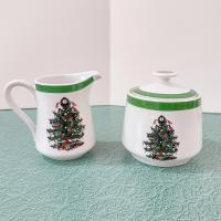 Vintage Yule Tide Ceramic Cream and Sugar Set, Georges Briard Christmas Holiday Dinnerware