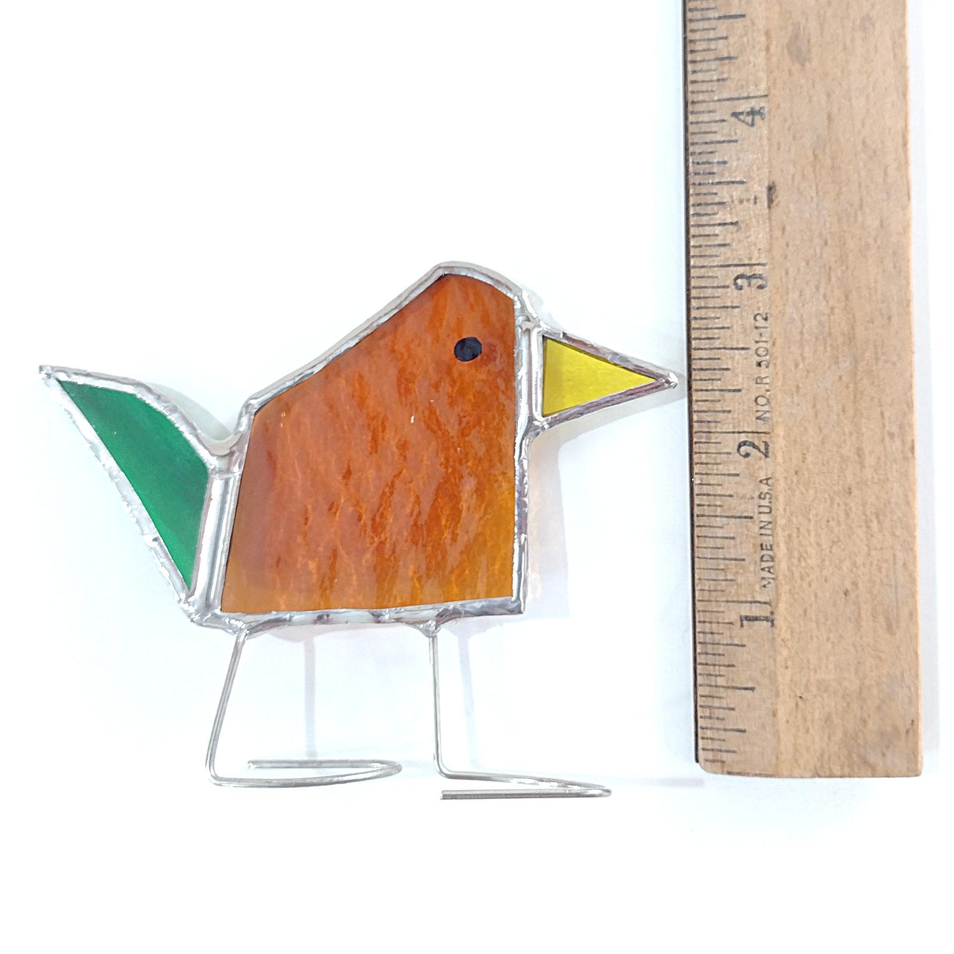 Stained Glass Standing Bird, Funky Amber Orange and Green Glass Bird Suncatcher, Bird Lover Gift, Windowsill Sitter