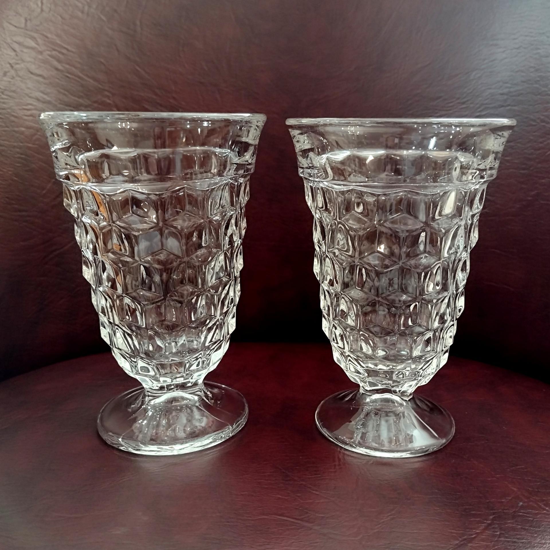 Antique Vintage Fostoria American Clear Footed Iced Tea Glasses, Set of Two, Manganese Depression Pressed Glassware