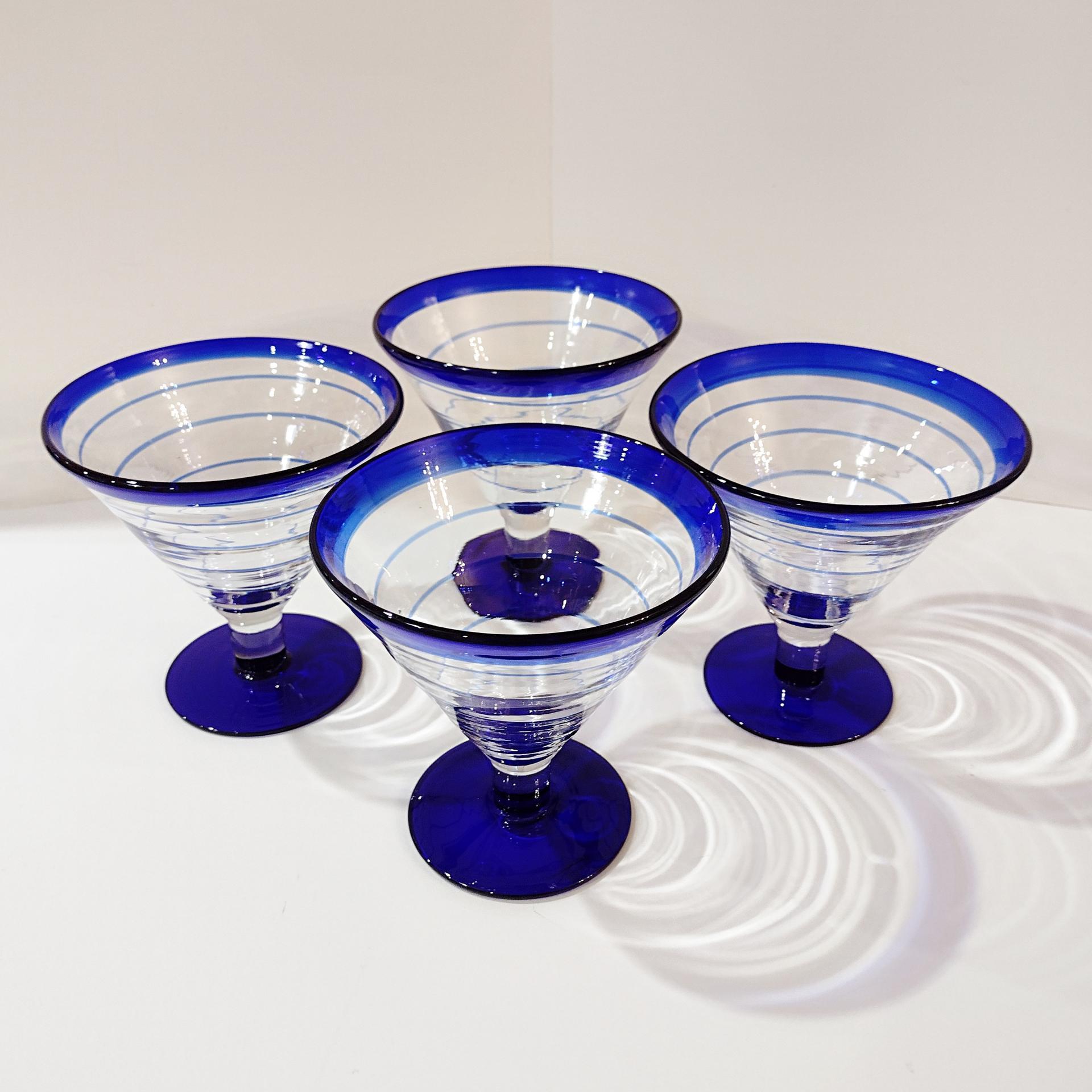 Vintage Hand Blown Margarita / Martini Glasses, Set of Four, Blue and Clear Swirled Glasses
