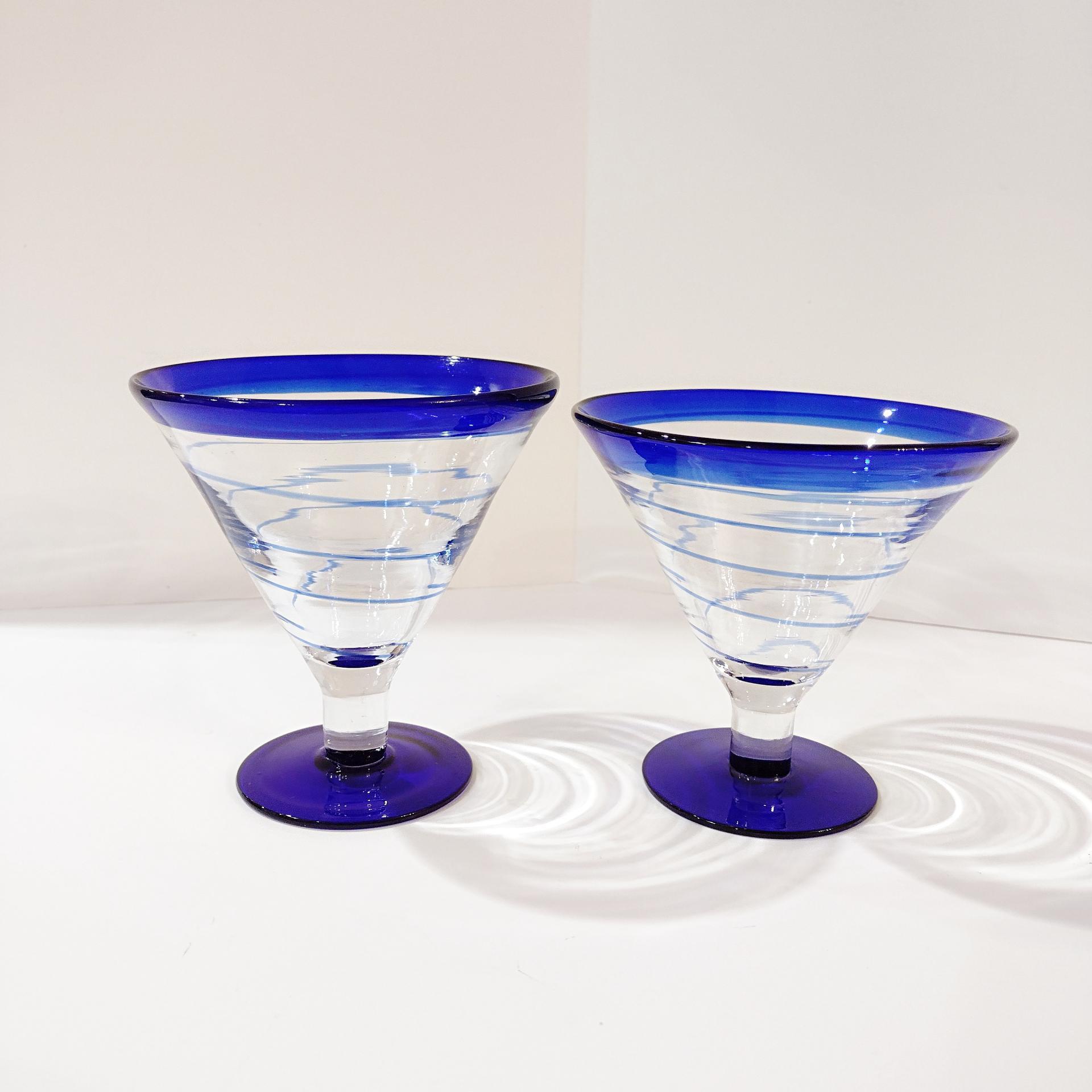 Vintage Hand Blown Margarita / Martini Glasses, Set of Four, Blue and Clear Swirled Glasses