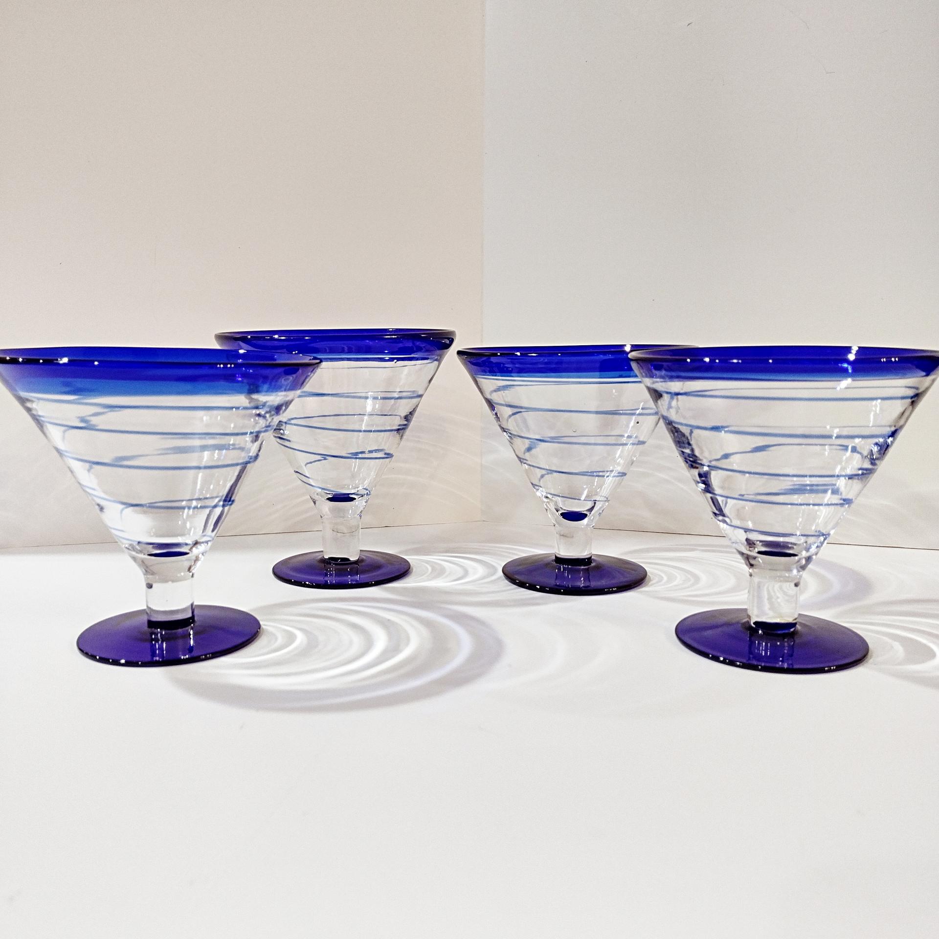 Vintage Hand Blown Margarita / Martini Glasses, Set of Four, Blue and Clear Swirled Glasses