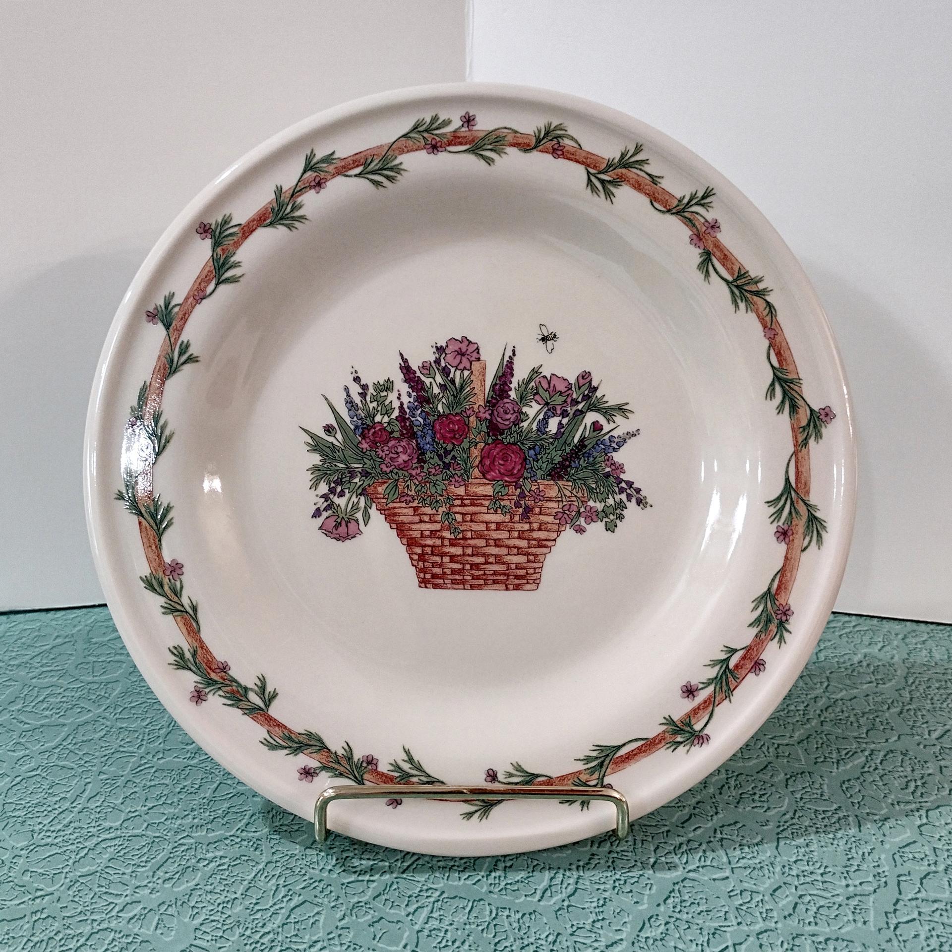 Vintage Henn Pottery Botanical Basket Ceramic Plate, Gerald E Henn Pottery, Floral Dinner Plate