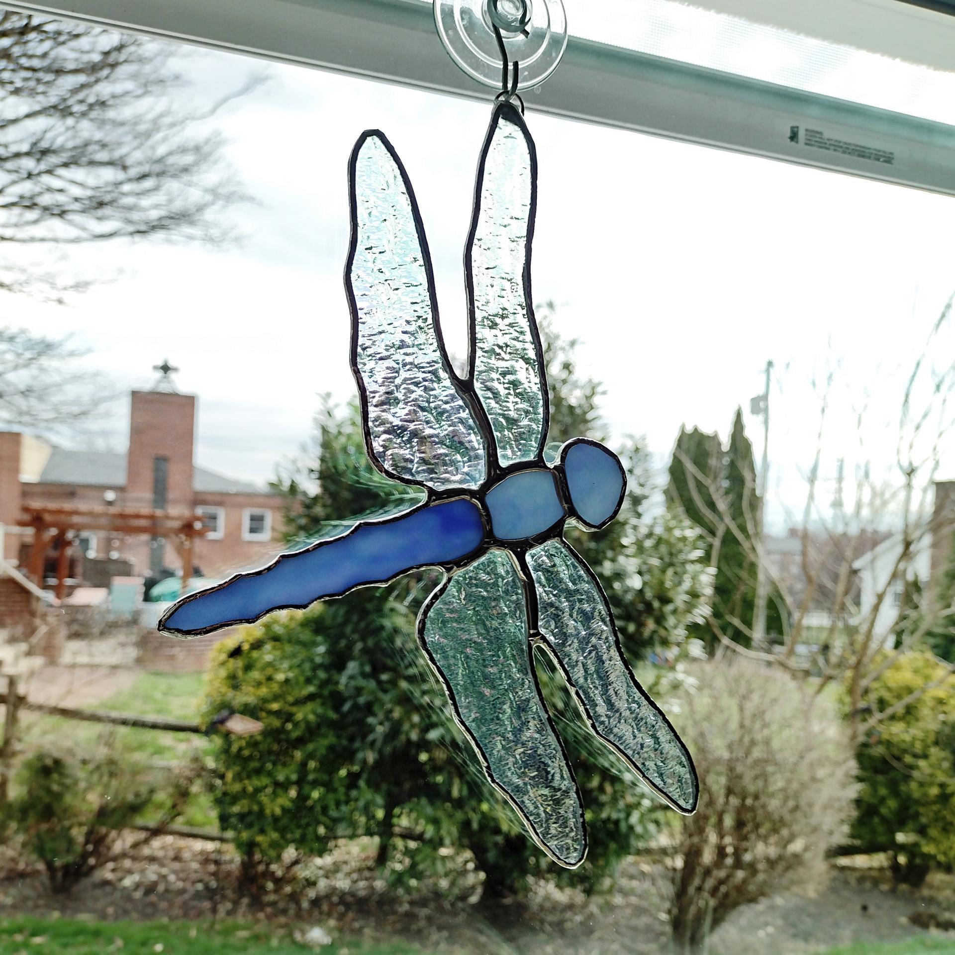 Stained Glass Dragonfly Suncatcher, Iridescent Clear and Blue
