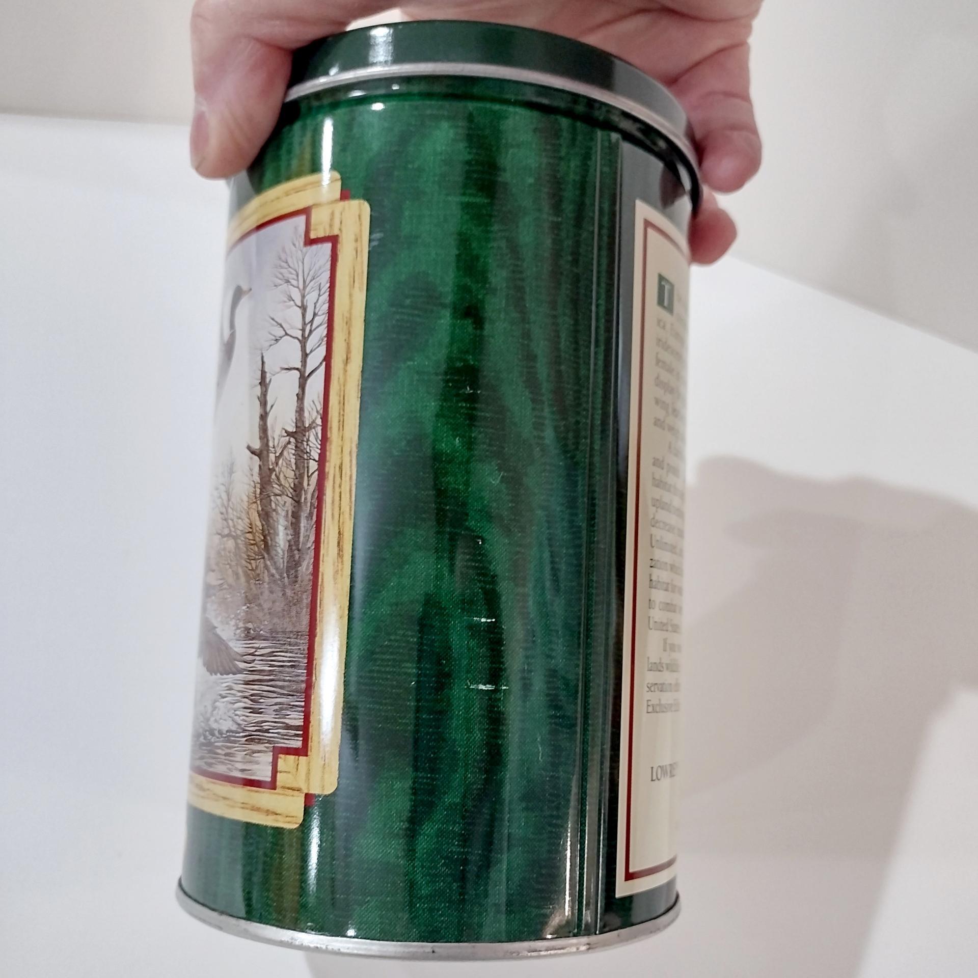 Vintage 1990 Harold Roe "Spooked" Mallard Duck Cylinder Tin, Lowrey's Ducks Unlimited Collector Tin