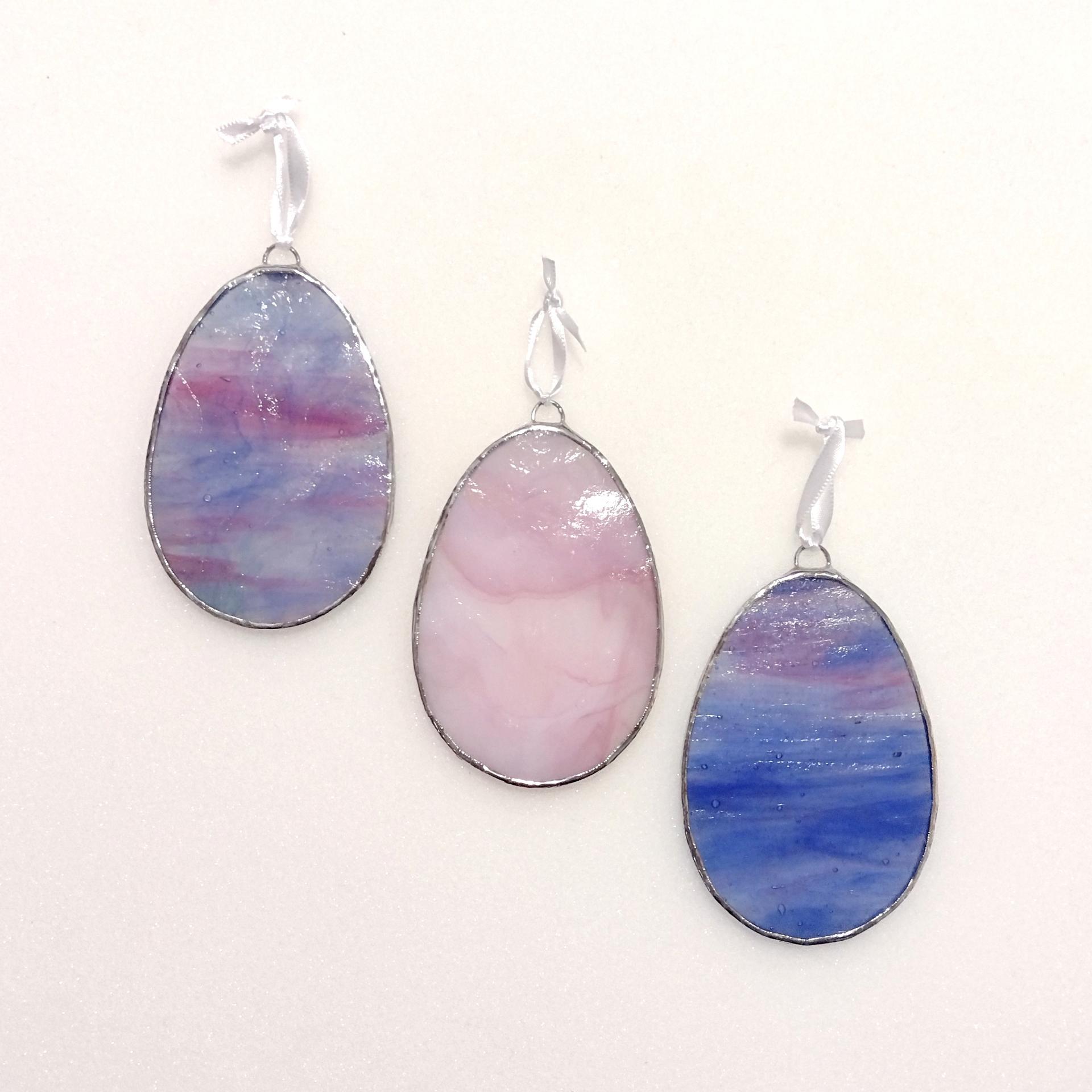 Stained Glass Easter Egg Suncatchers, Set of Three, Blue and Pink Youghiogheny Art Glass