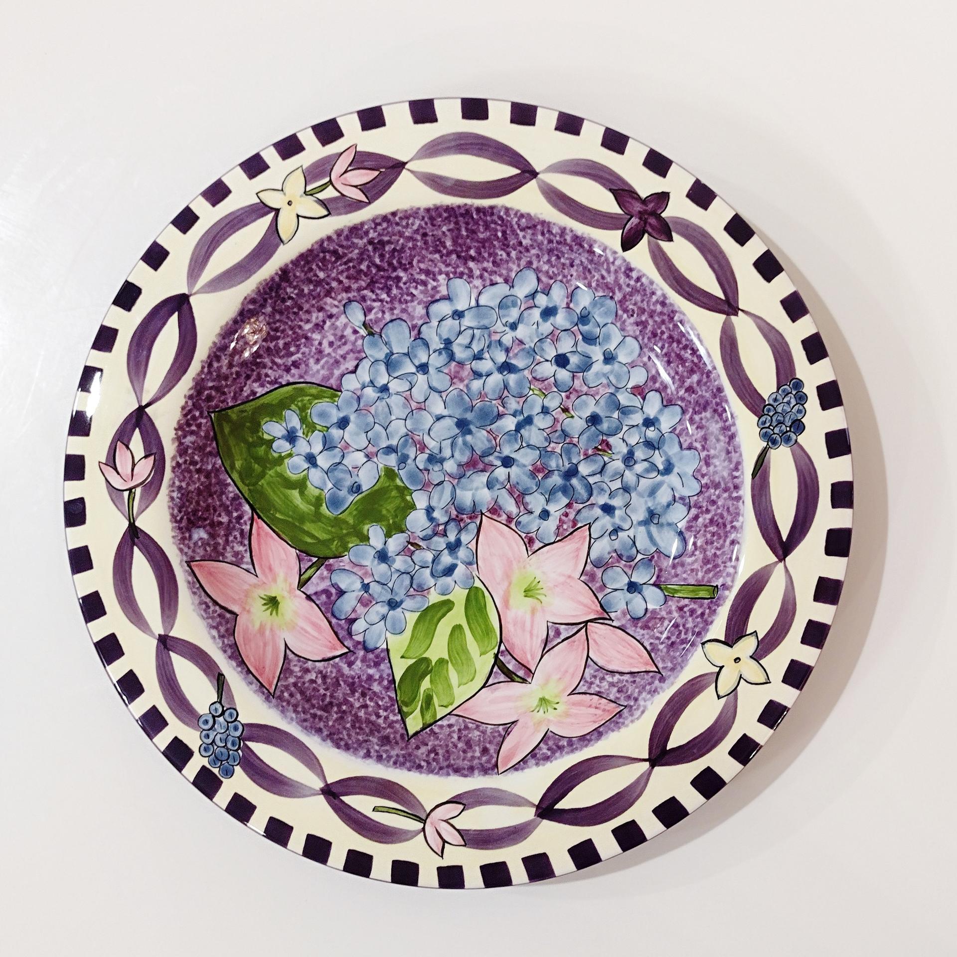 Vintage Laurie Gates Hydrangea Ceramic Purple Spongeware Salad Dessert Plates, Set of 3