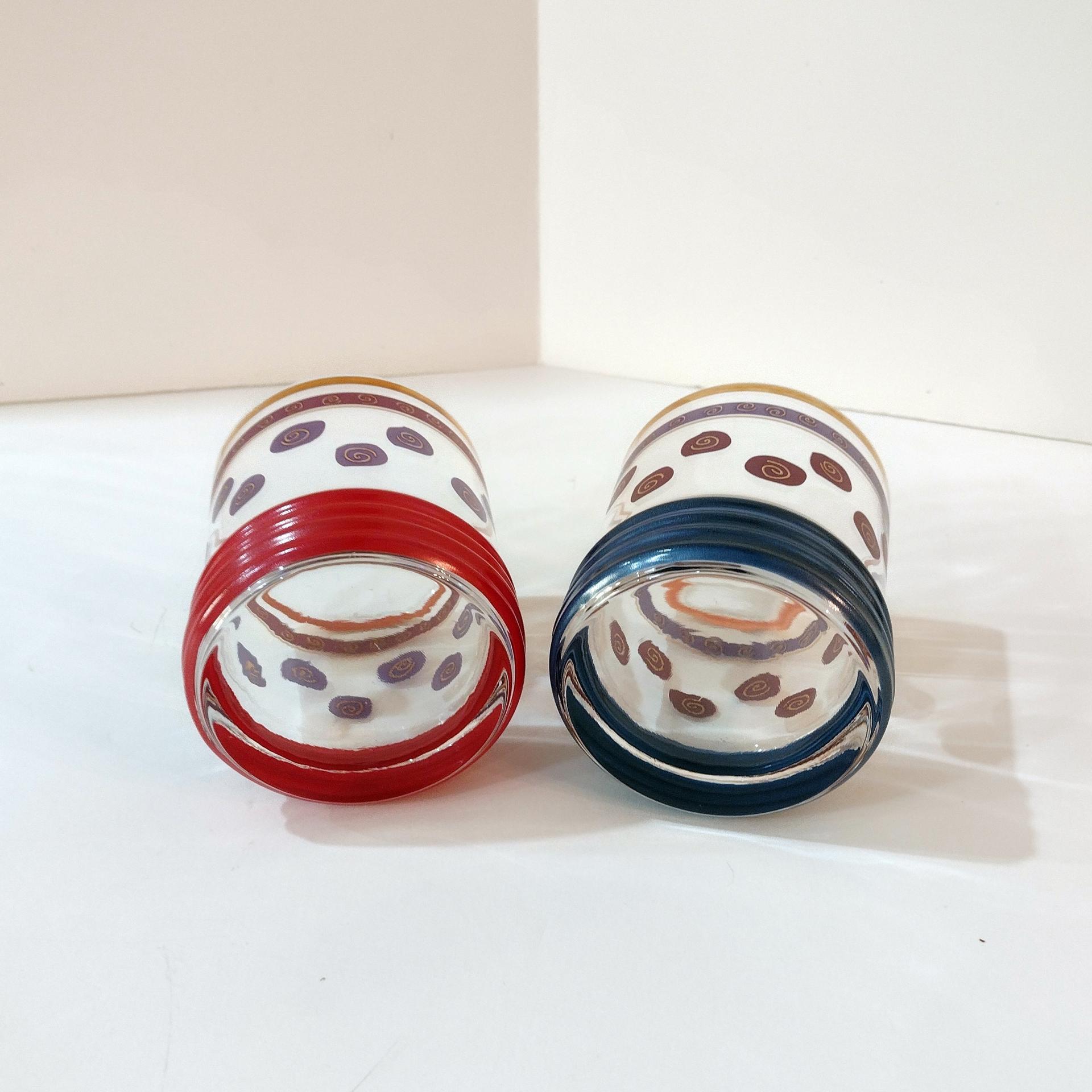 Vintage Blue and Red Gold Rimmed Lowball Glasses, Set of Two