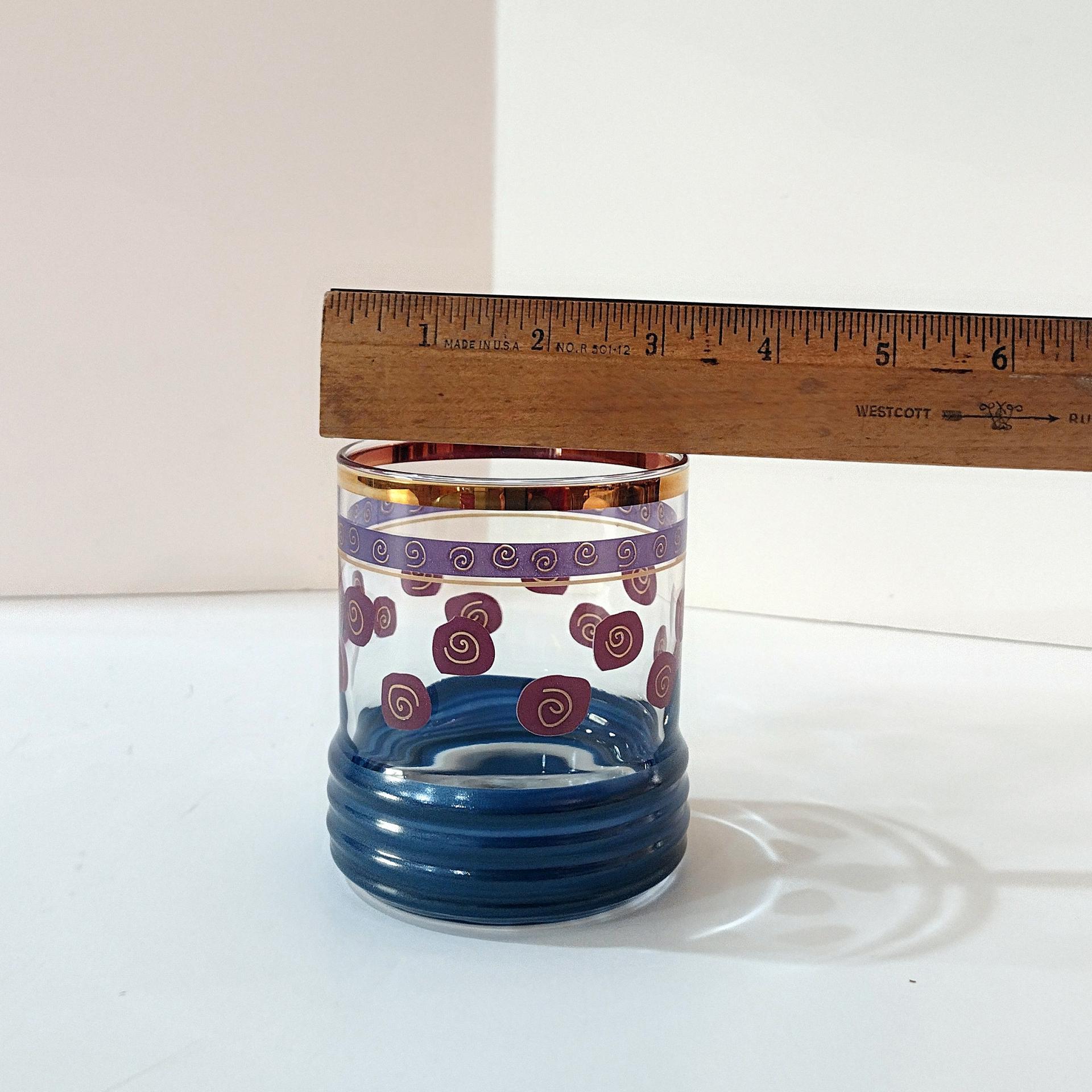 Vintage Blue and Red Gold Rimmed Lowball Glasses, Set of Two
