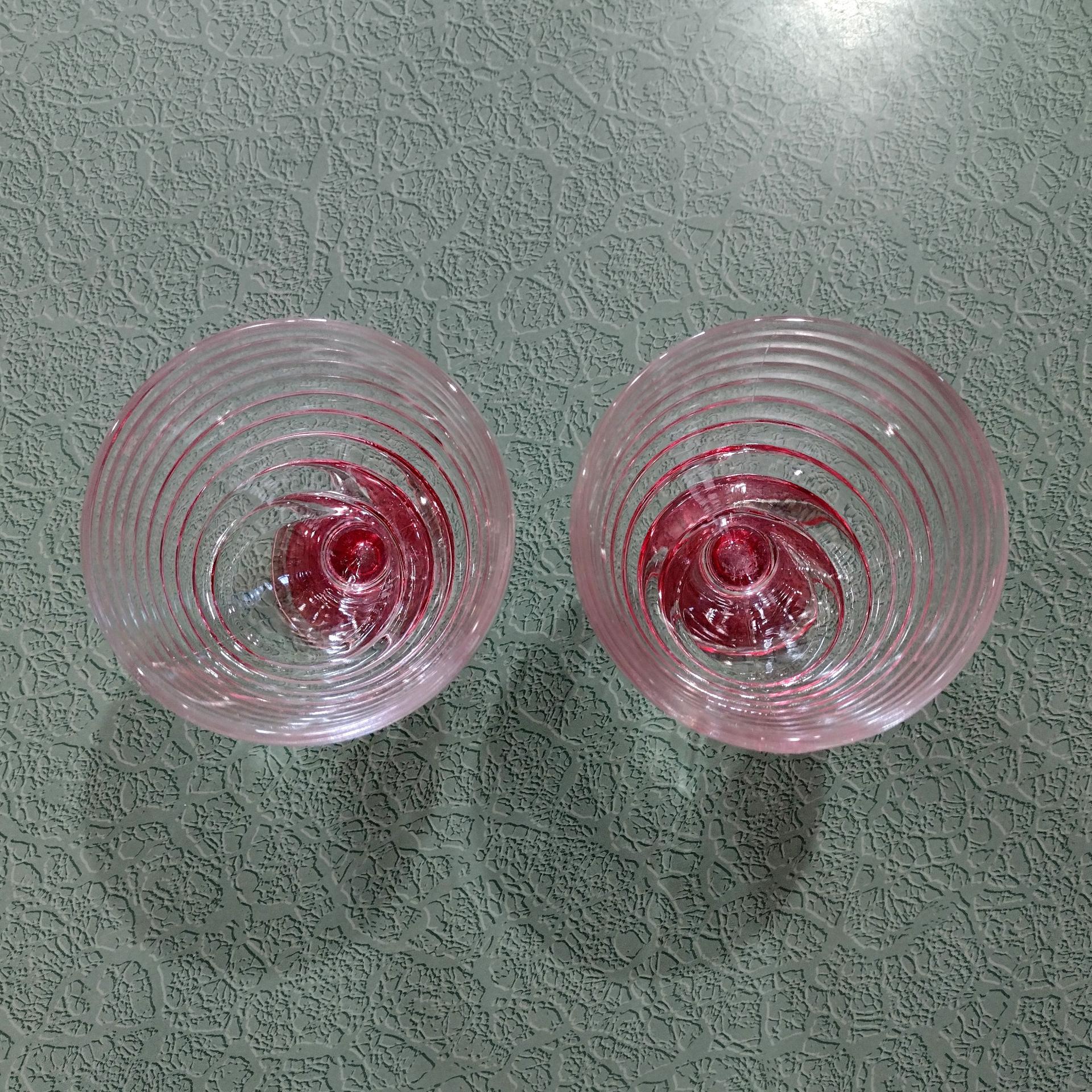 Vintage Pink Swirl Glass Footed Dessert Coupes, Set of Two, Swirled Glass Compotes, Sherbet Bowls