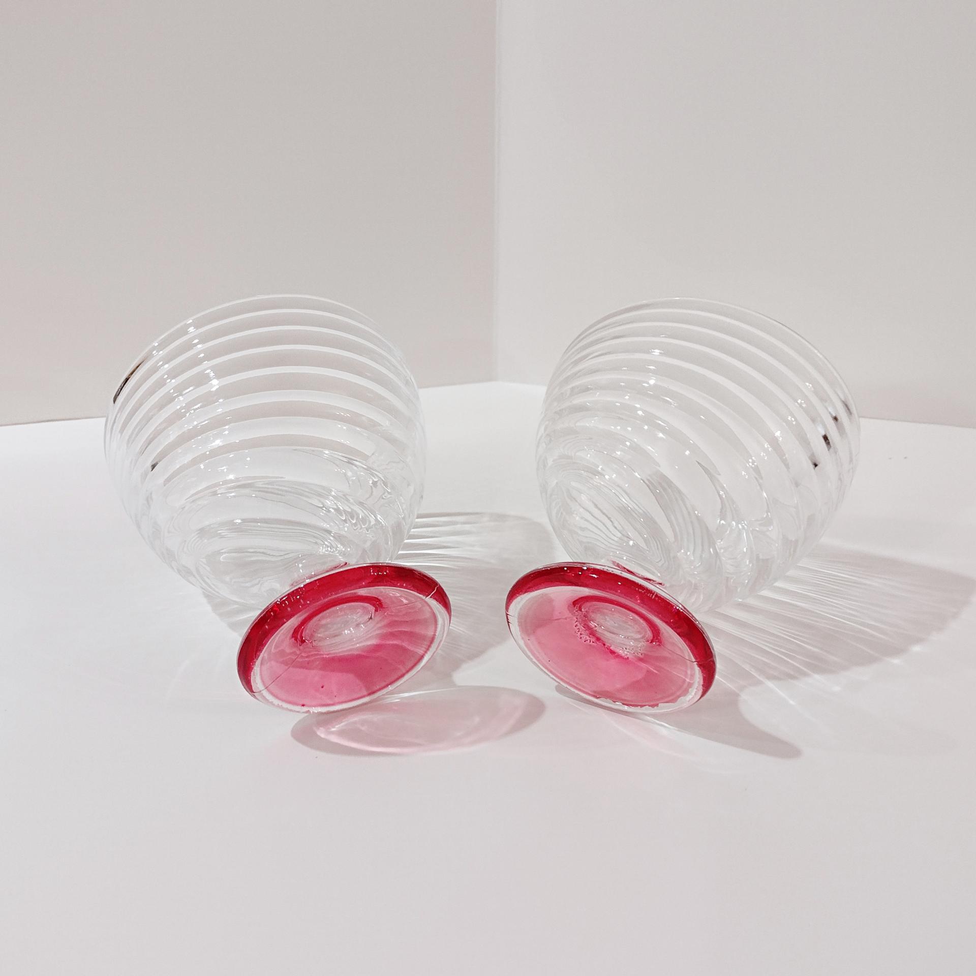 Vintage Pink Swirl Glass Footed Dessert Coupes, Set of Two, Swirled Glass Compotes, Sherbet Bowls