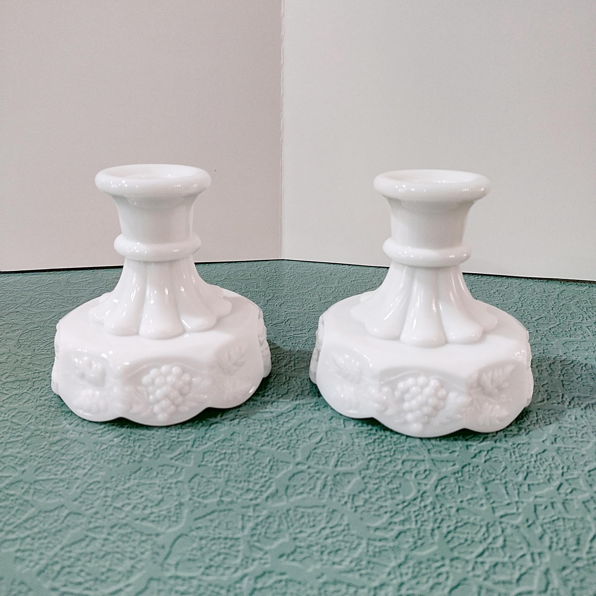 Vintage Colony Harvest Milk Glass Candlestick Holders, Set of Two