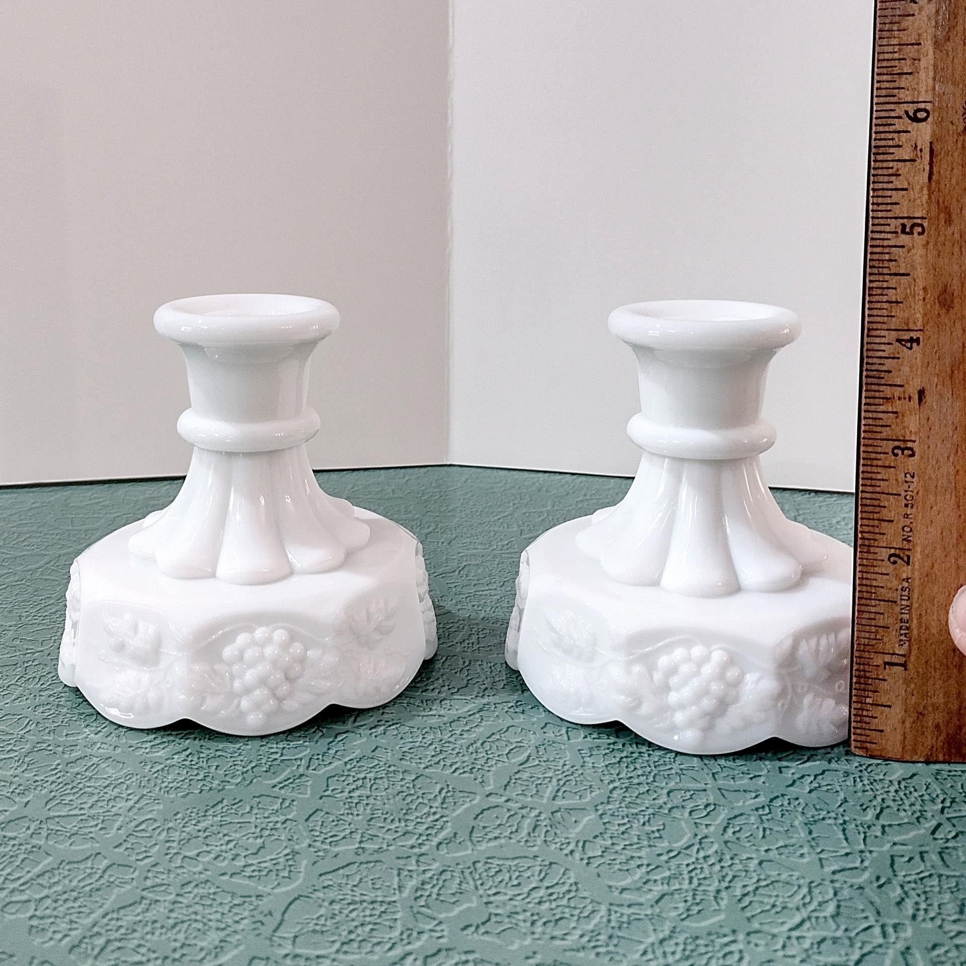 Vintage Colony Harvest Milk Glass Candlestick Holders, Set of Two