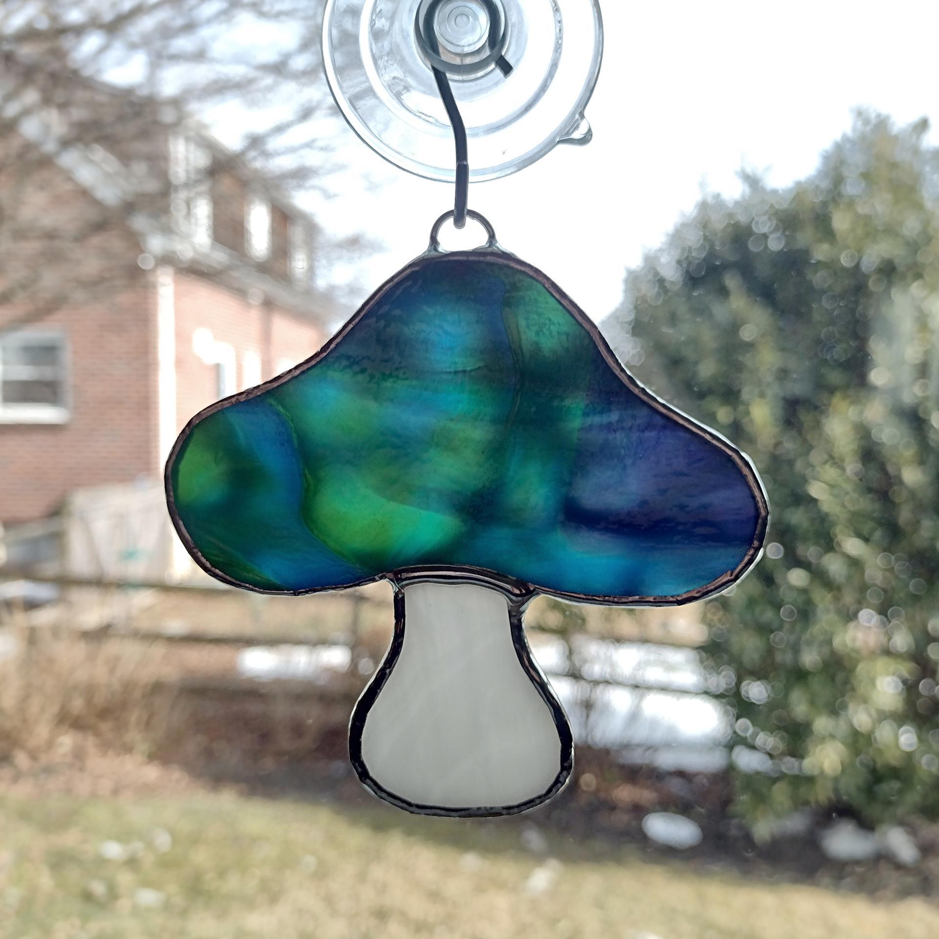 Stained Glass Mushroom Suncatcher, Blue Youghiogheny Glass