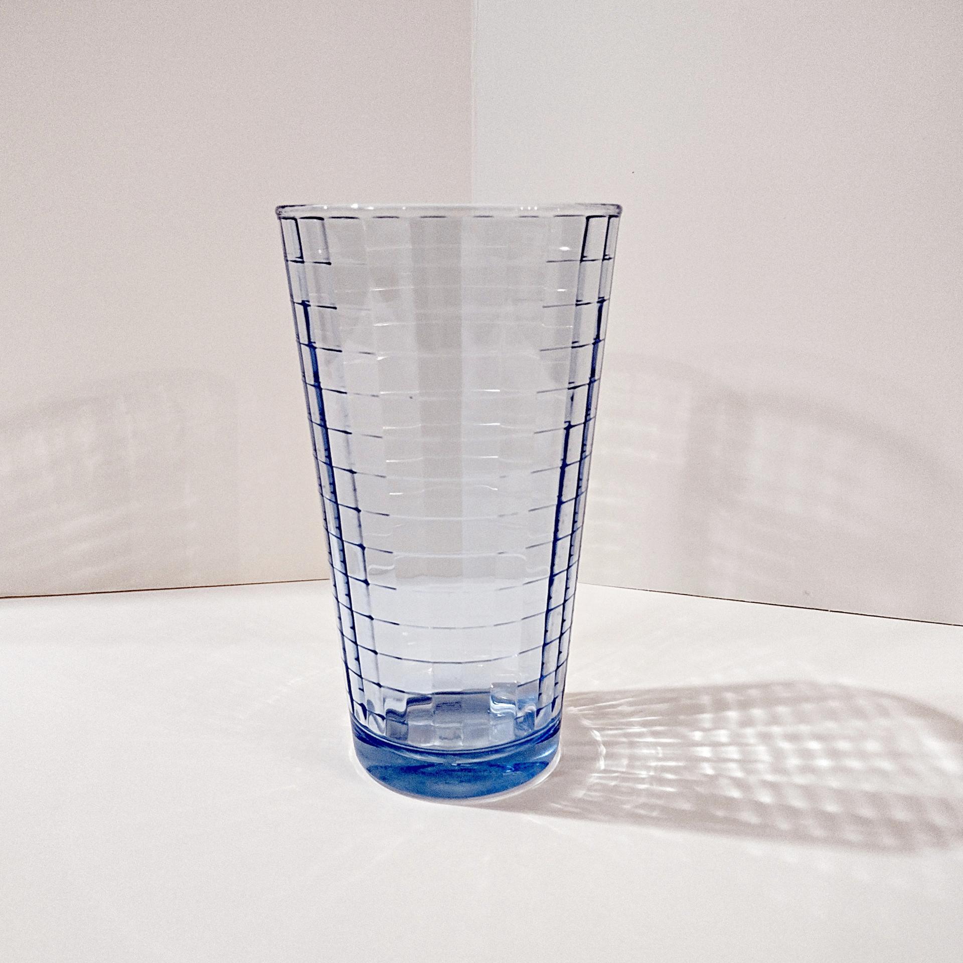 Vintage Pasabahce Blue Block Optic Glass Tumbler, Blue Windowpane 16 Ounce Highball Glass