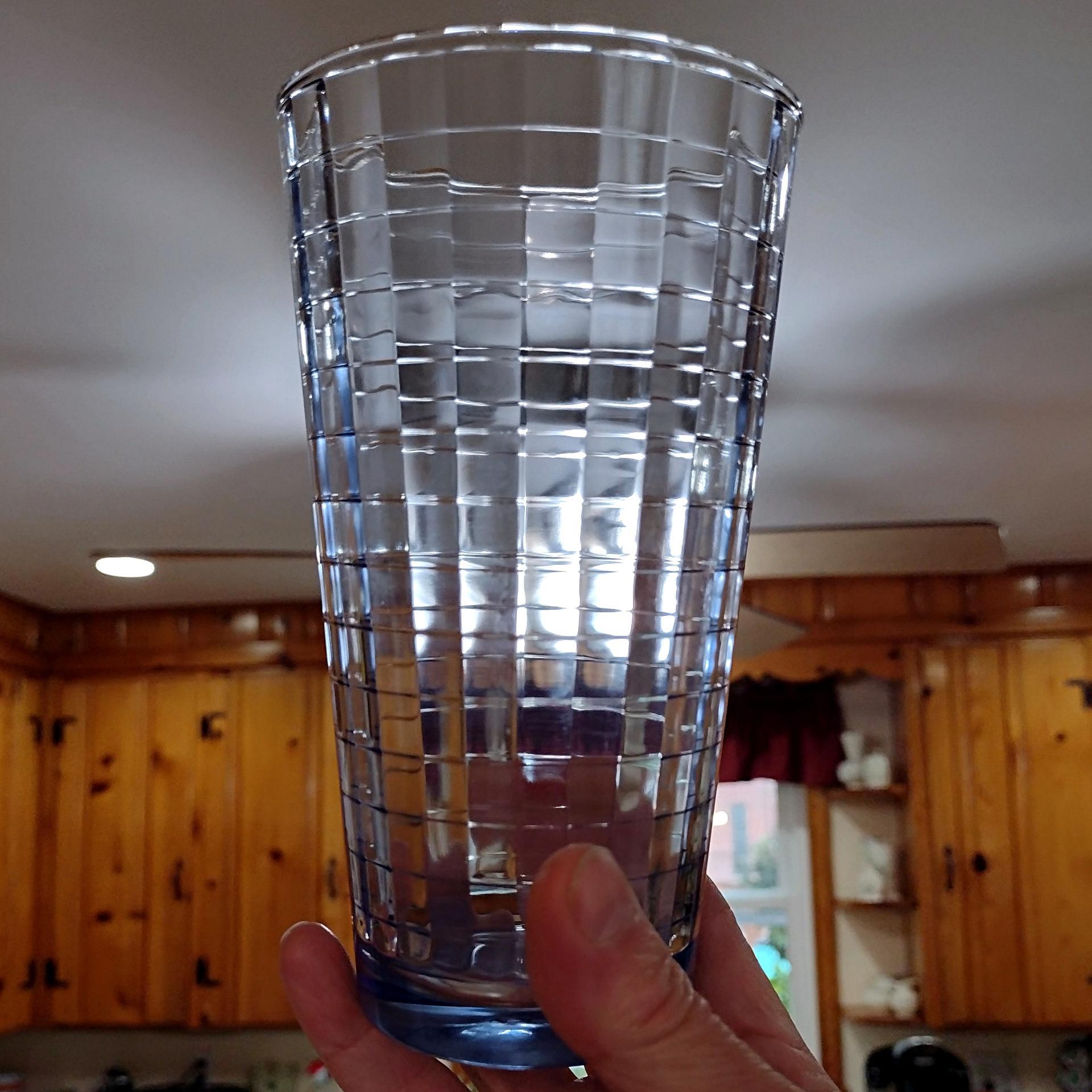 Vintage Pasabahce Blue Block Optic Glass Tumbler, Blue Windowpane 16 Ounce Highball Glass