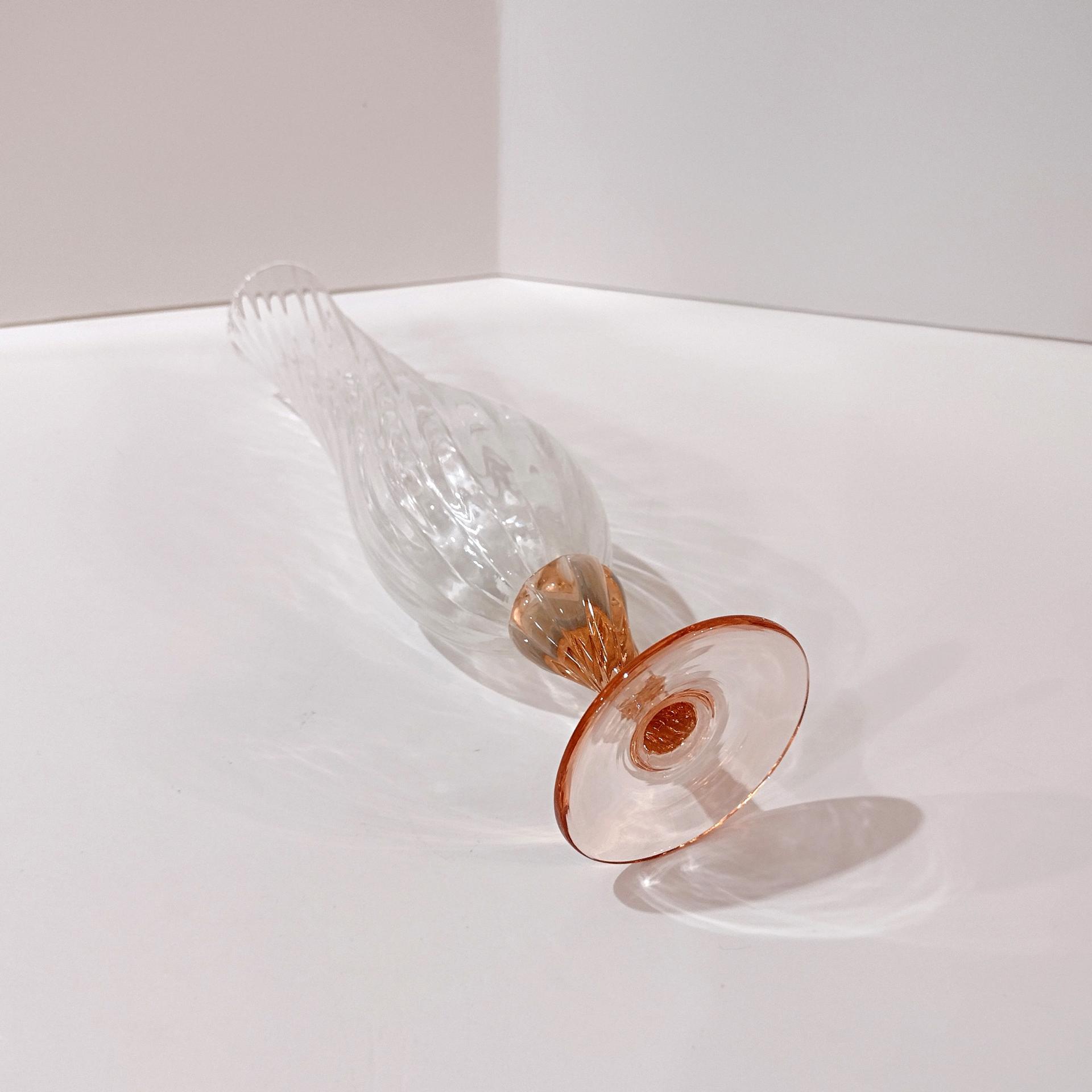 Vintage Pink and Clear Swirled Hand Blown Glass Flower Bud Vase