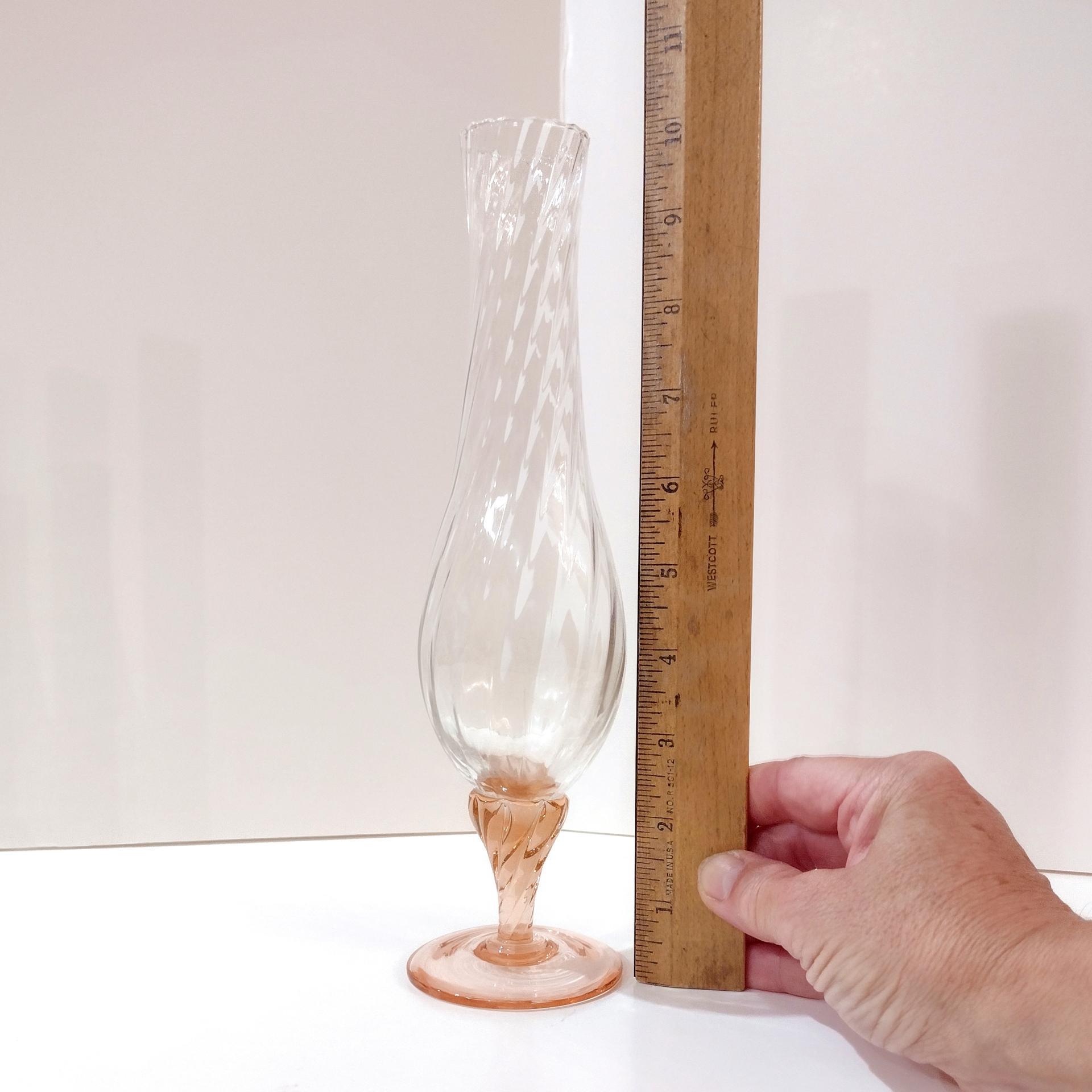 Vintage Pink and Clear Swirled Hand Blown Glass Flower Bud Vase