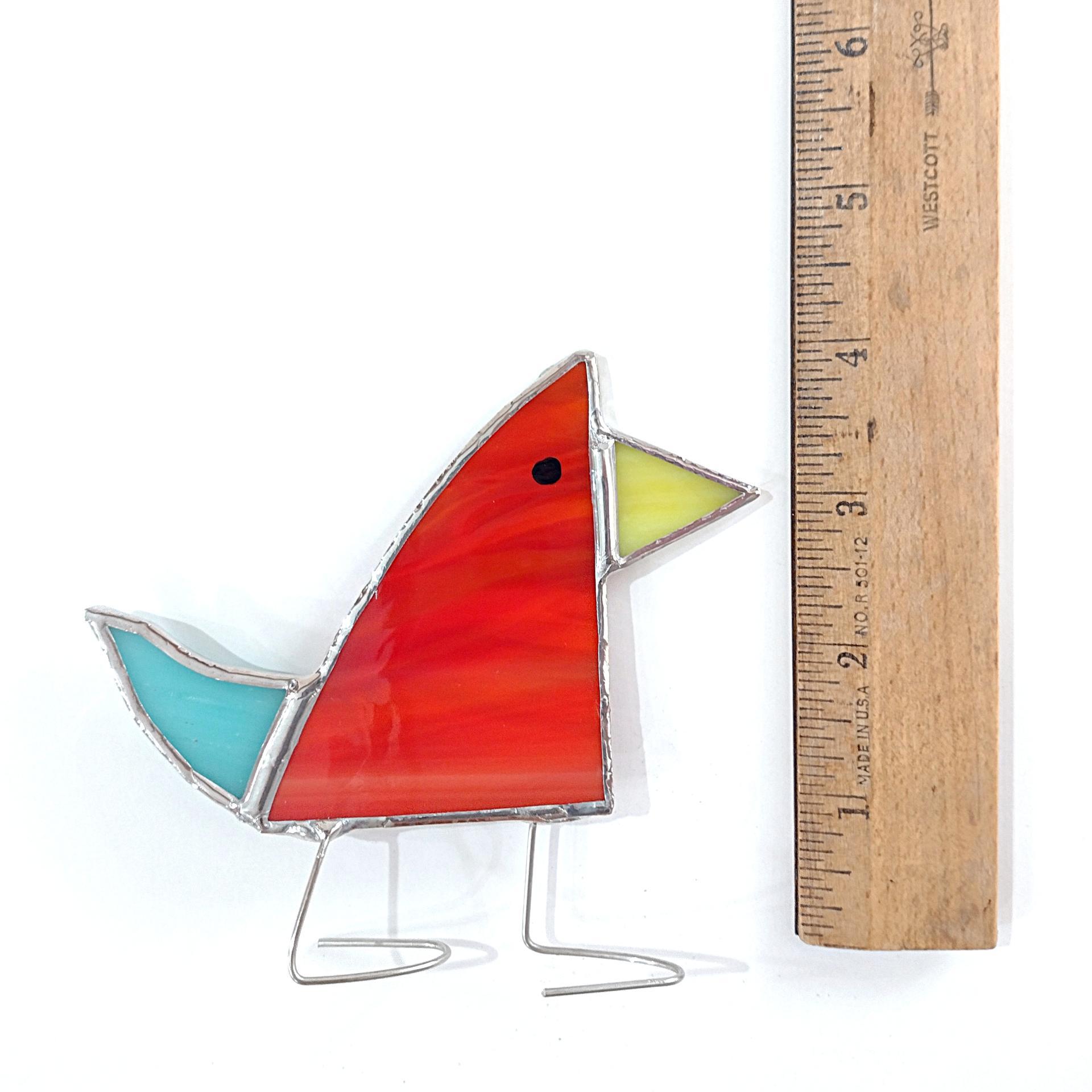 Stained Glass Standing Bird, Funky Red and Aqua Blue Glass Bird Suncatcher, Bird Lover Gift, Windowsill Sitter