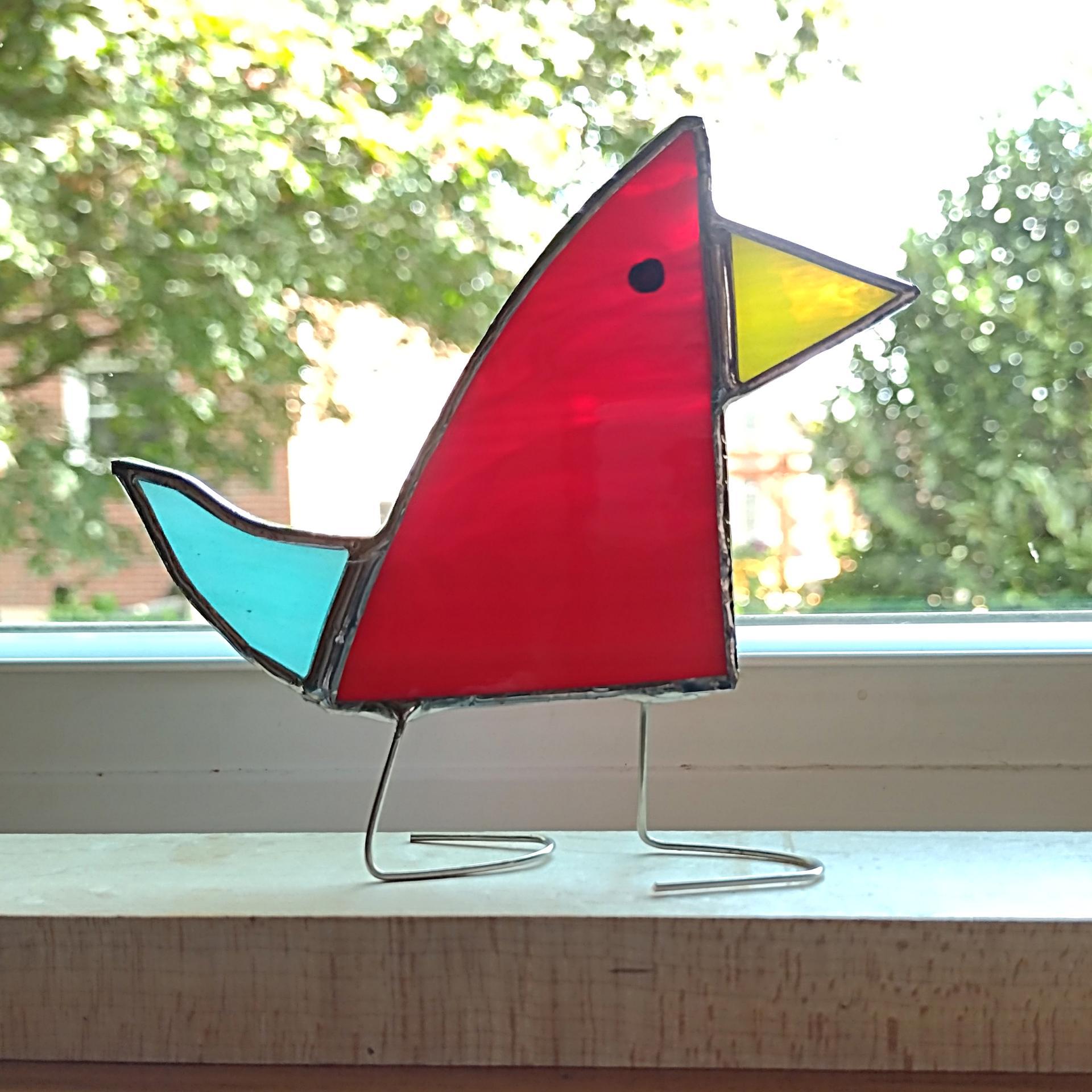 Stained Glass Standing Bird, Funky Red and Aqua Blue Glass Bird Suncatcher, Bird Lover Gift, Windowsill Sitter