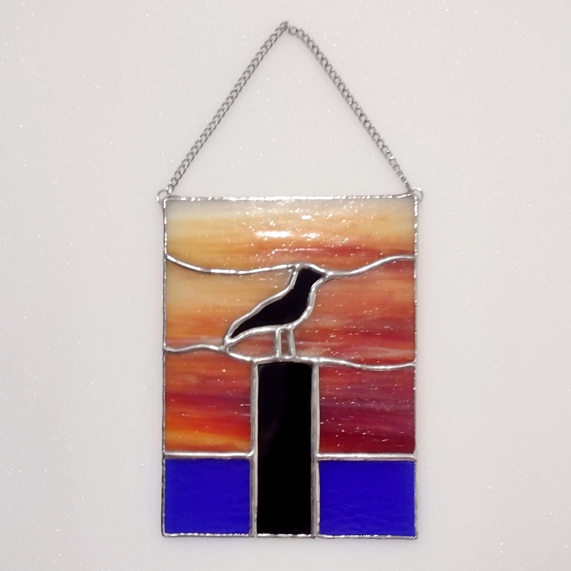 Sunset Sea Gull Stained Glass Suncatcher, Silhouette Bird on a Piling Picture