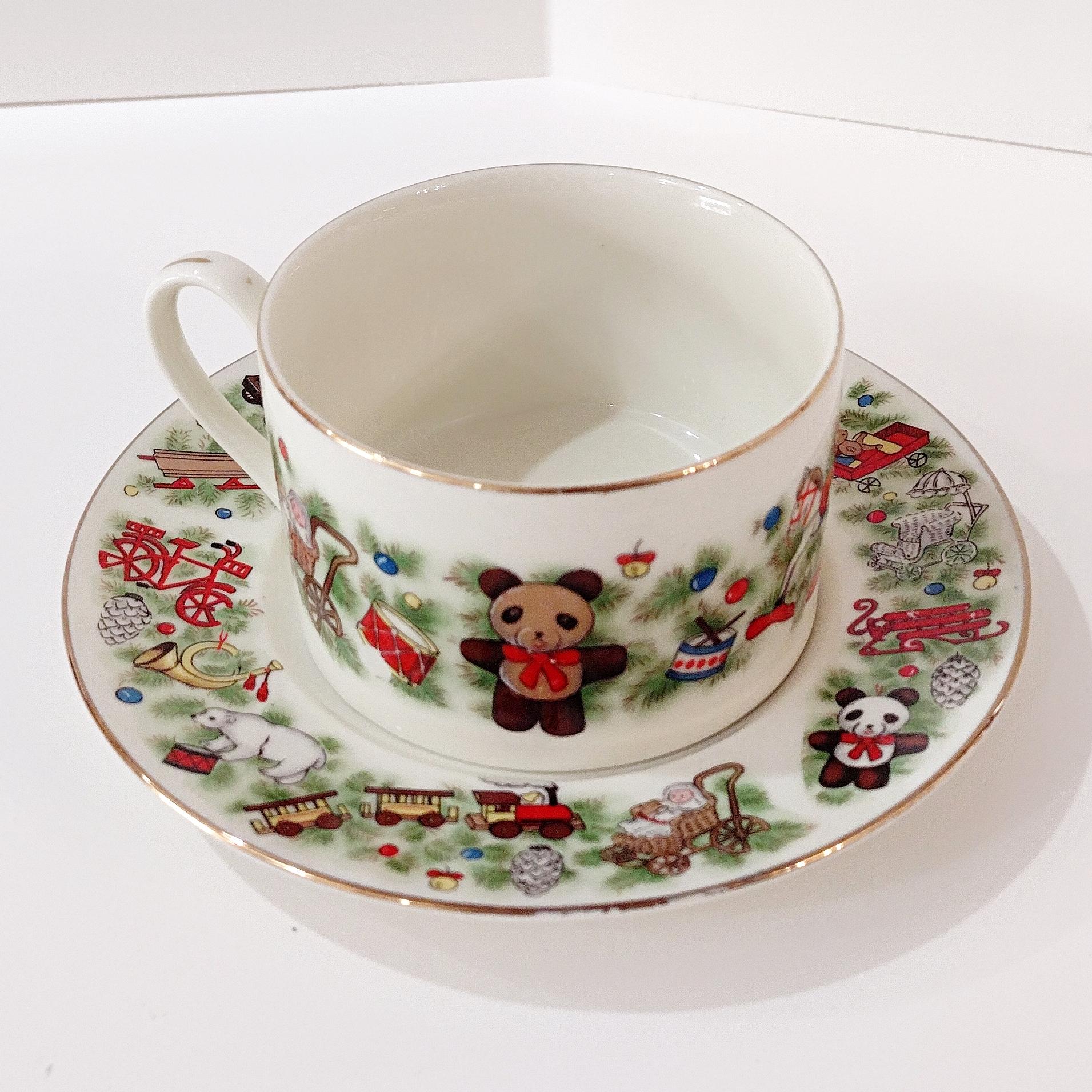Vintage Marine Foundation Toys for Tots Flat Tea Cups and Saucers, Set of Four, Toy Shop Christmas Tea Set