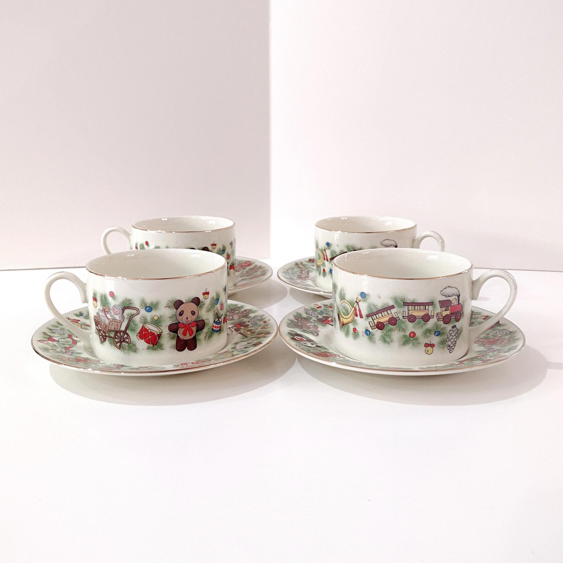 Vintage Marine Foundation Toys for Tots Flat Tea Cups and Saucers, Set of Four, Toy Shop Christmas Tea Set