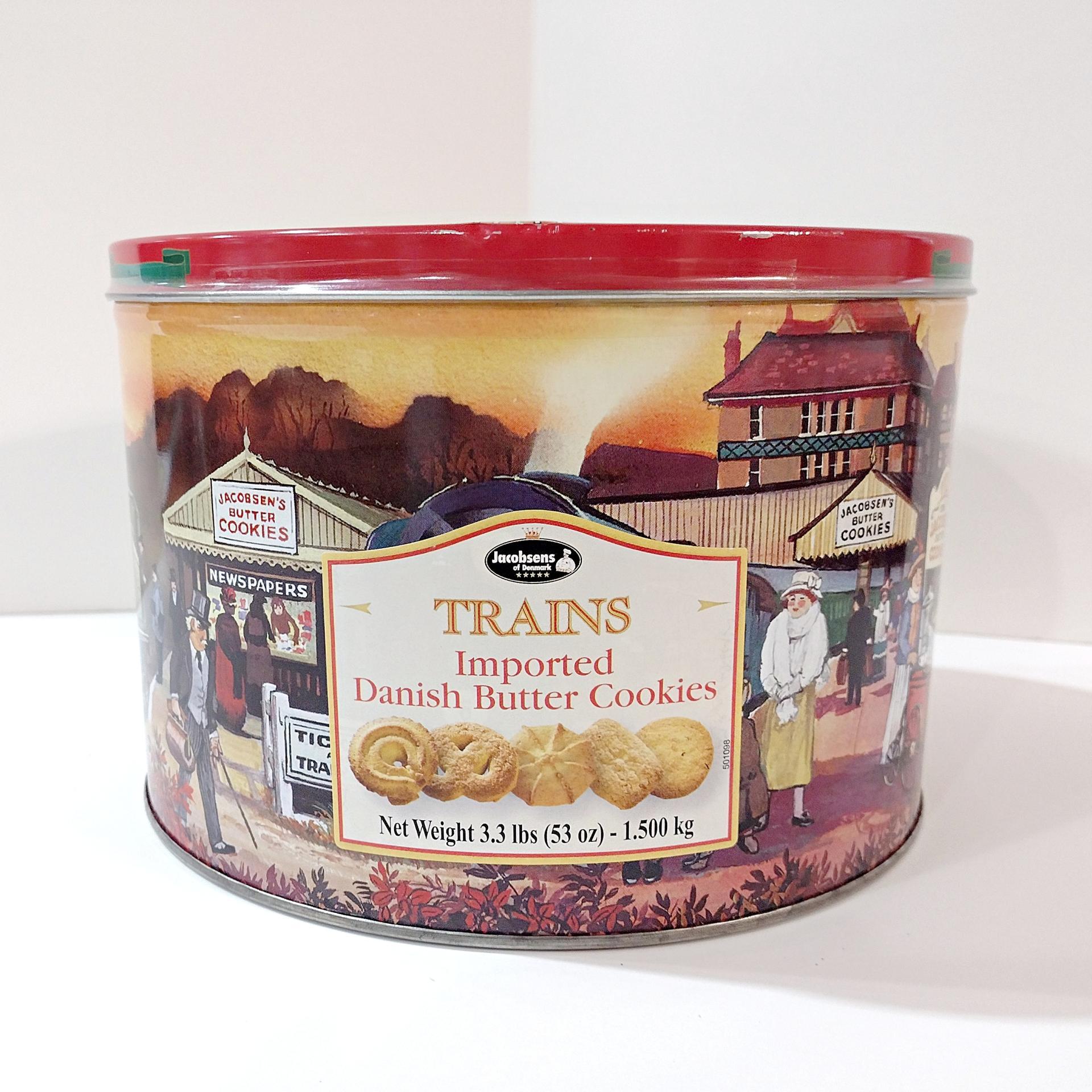 Vintage Jacobsen's of Denmark Butter Cookie Train Station Tin, Large Round Train Themed Metal Storage Tin.