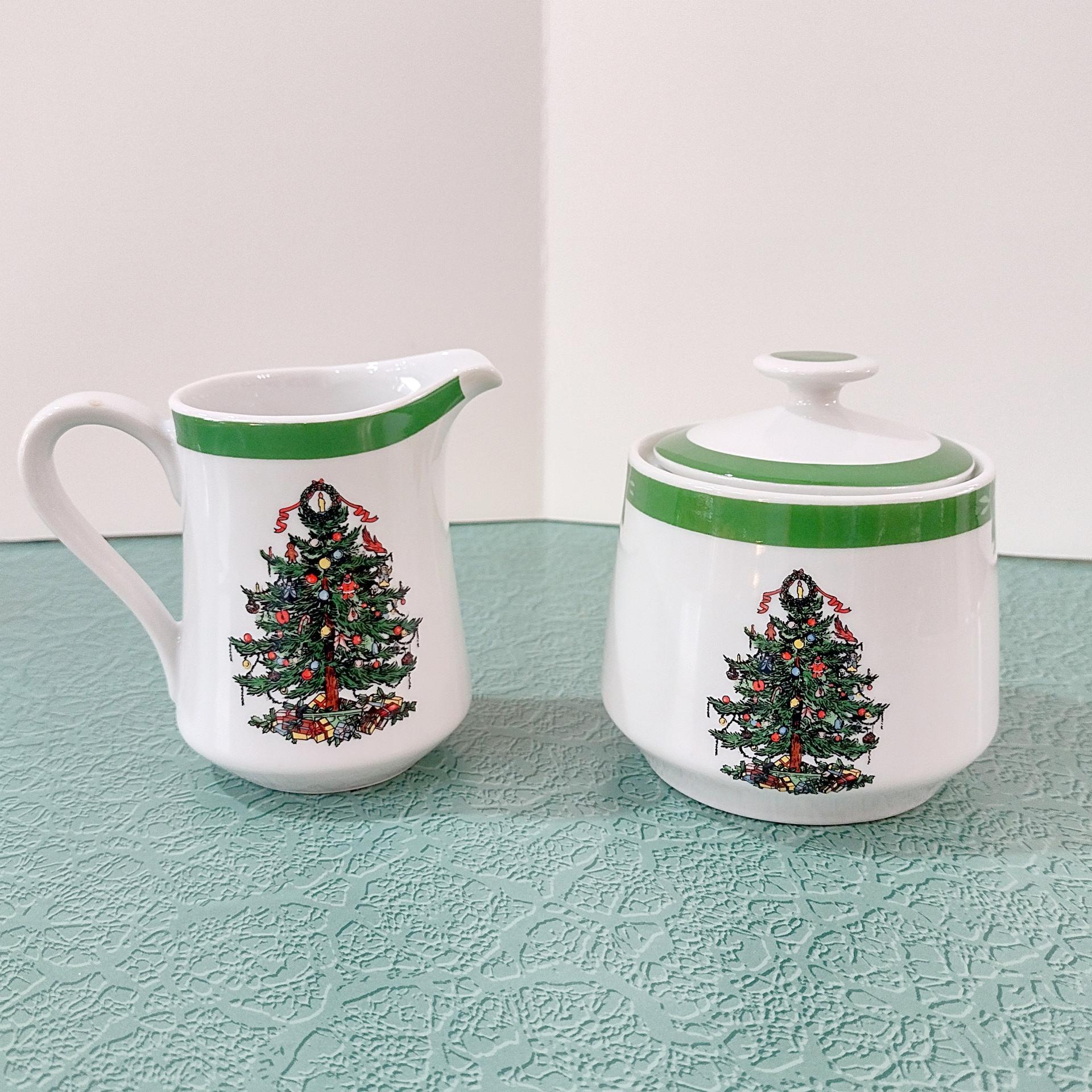 Vintage Yule Tide Ceramic Cream and Sugar Set, Georges Briard Christmas Holiday Dinnerware