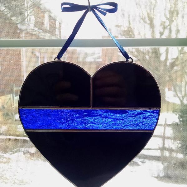 Thin Blue Line Stained Glass Heart Suncatcher, Police Symbol