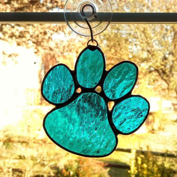 Stained Glass Paw Print Suncatcher, Aqua Blue