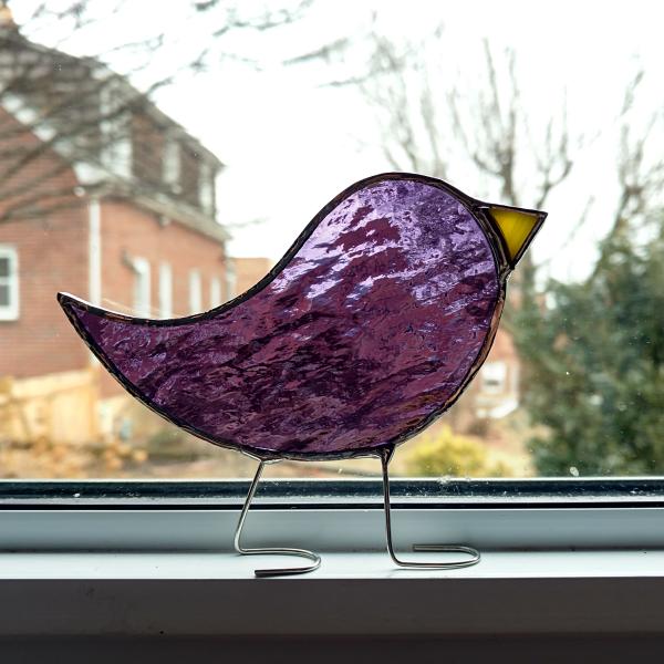 Stained Glass Standing Bird Suncatcher, Purple Cathedral Glass