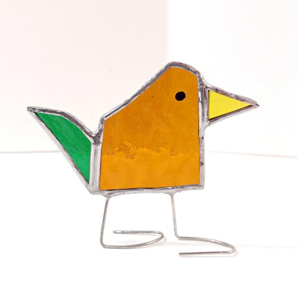 Stained Glass Standing Bird, Funky Amber Orange and Green Glass Bird Suncatcher, Bird Lover Gift, Windowsill Sitter